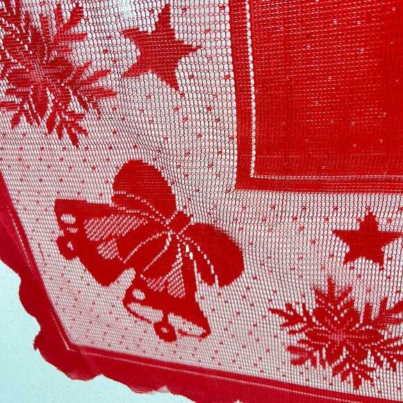 Vintage Red Lace Christmas Tablecloth Reindeer Santa Bells Sheer Xmas Tree Sheer - Picture 3 of 6